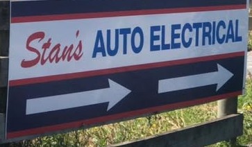 Close up of the red, white and navy Stan's Auto Electrical sign